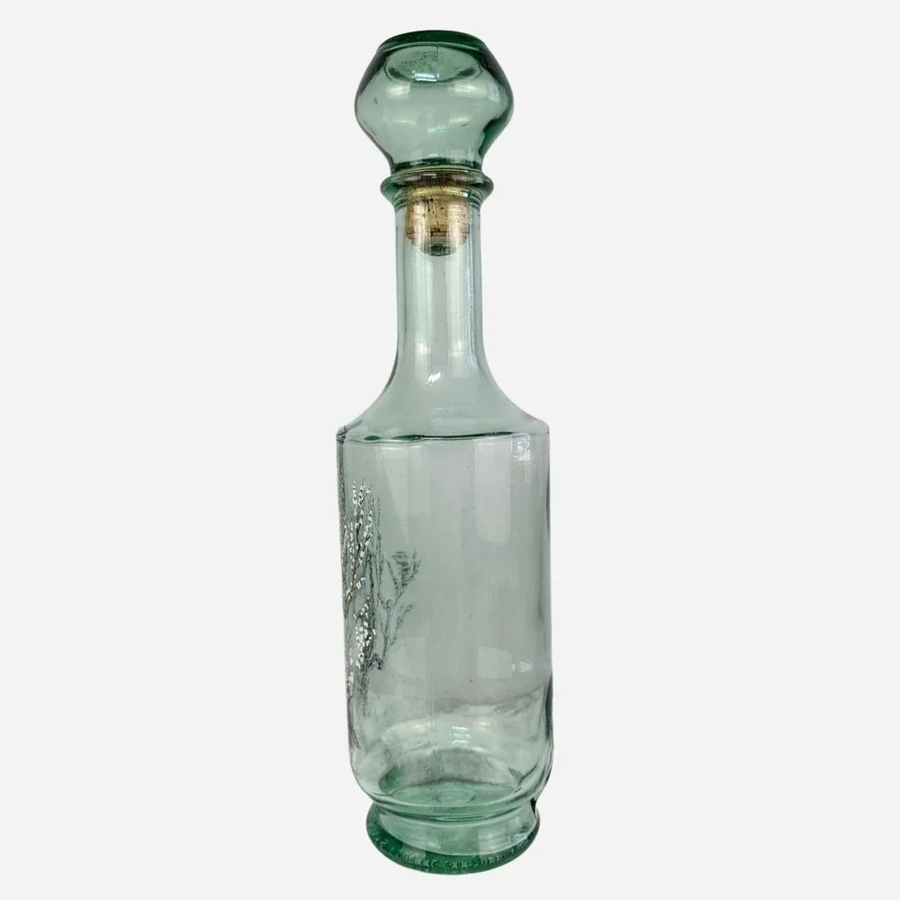 1960s MCM Art Glass Decanter Painted Blossom Branch
